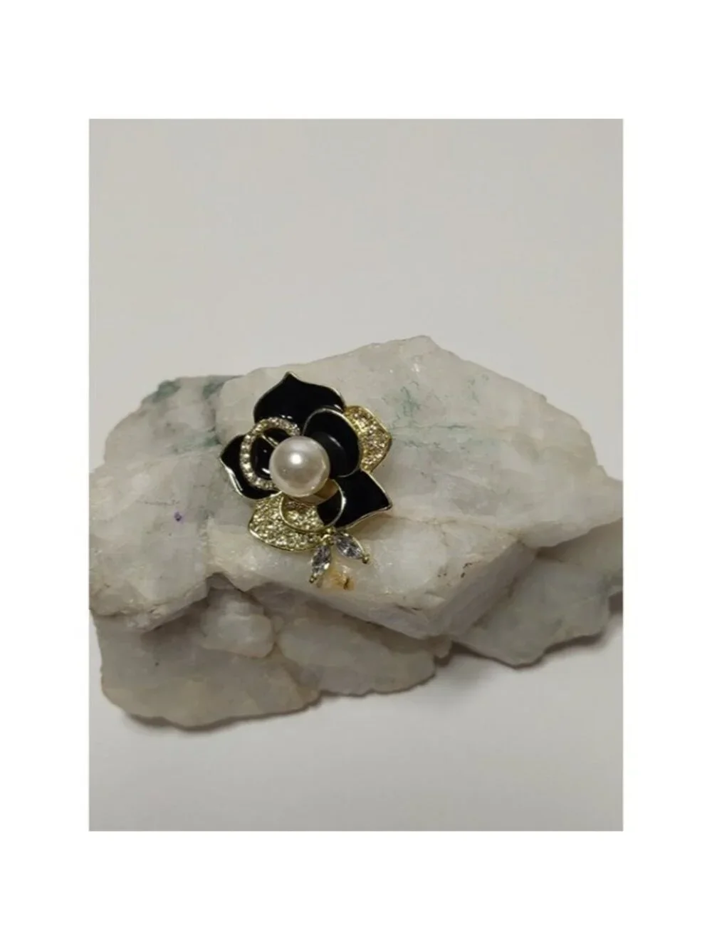 Gold-Tone Black Enamel Flower Brooch with Pearl Center